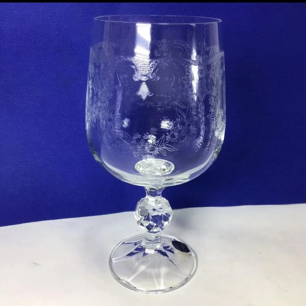 Set of 6 Vintage Bohemia Etching Floral Crystal Hand Blown Wine Glasses